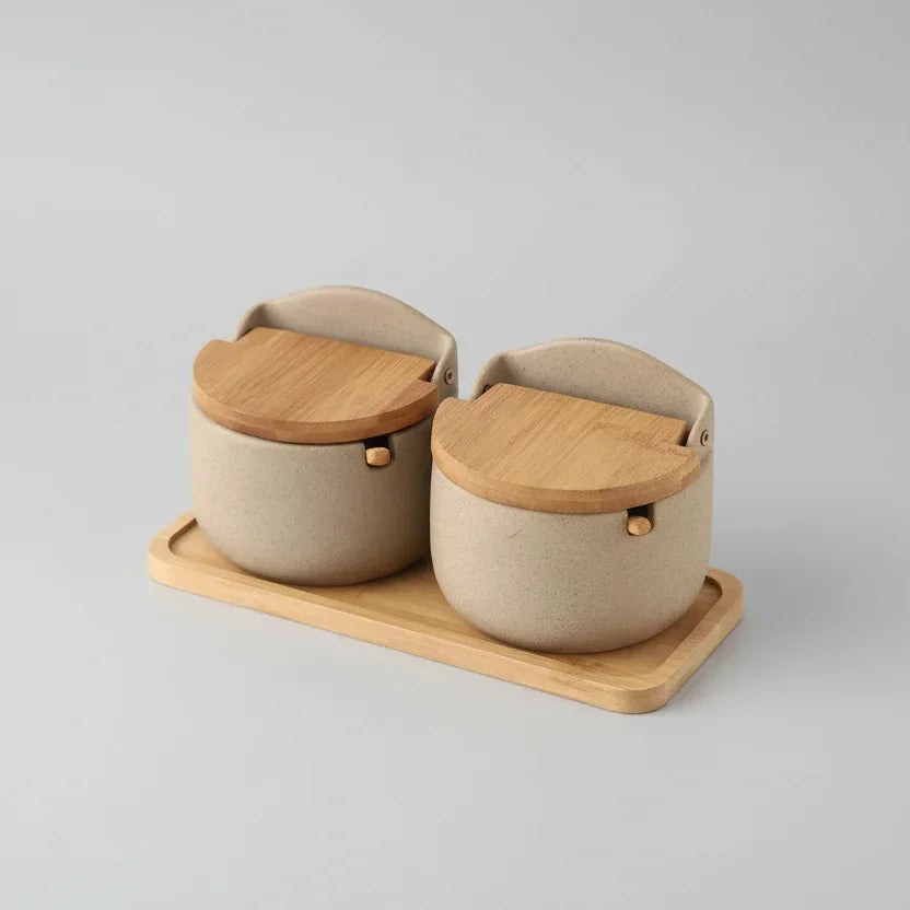 Pote de Temperos de Cerâmica Estilo Japonês com Tampa de Bambu Lenogue