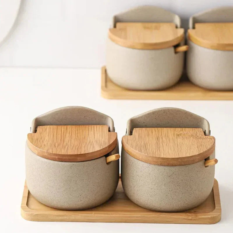 Pote de Temperos de Cerâmica Estilo Japonês com Tampa de Bambu Lenogue