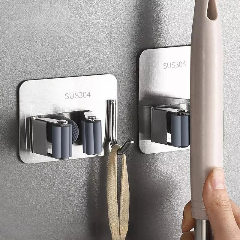 Suporte de Vassoura Adesivo de Parede em Aço Inox com Gancho Lenogue